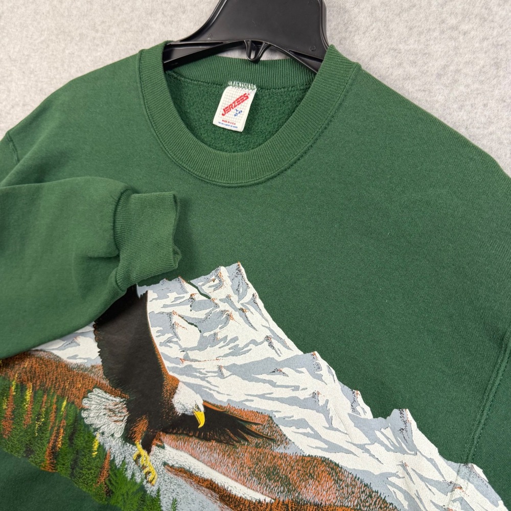 Vintage 90s Jerzees Sweatshirt Mens Large Green Eagle Mountain Nature Graphic
